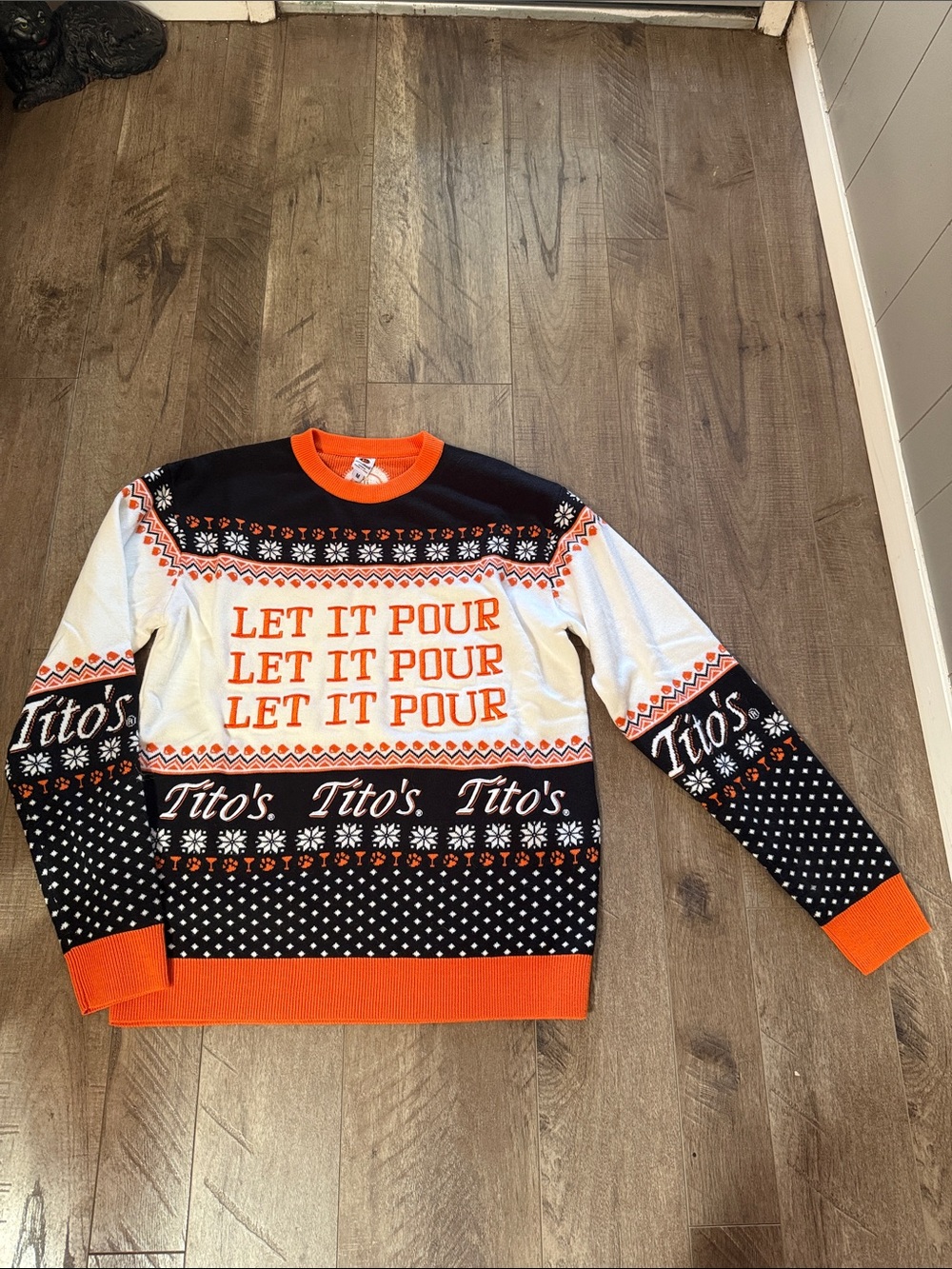 Tito's 'Let It Pour' Men's Crewneck Sweater in Orange, Black & White